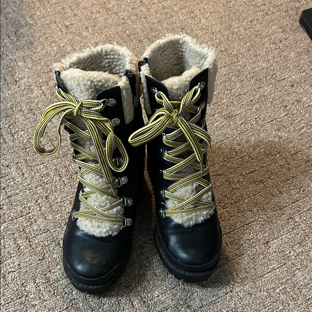 Steve Madden Black and Cream Winter Boots with Yellow Laces